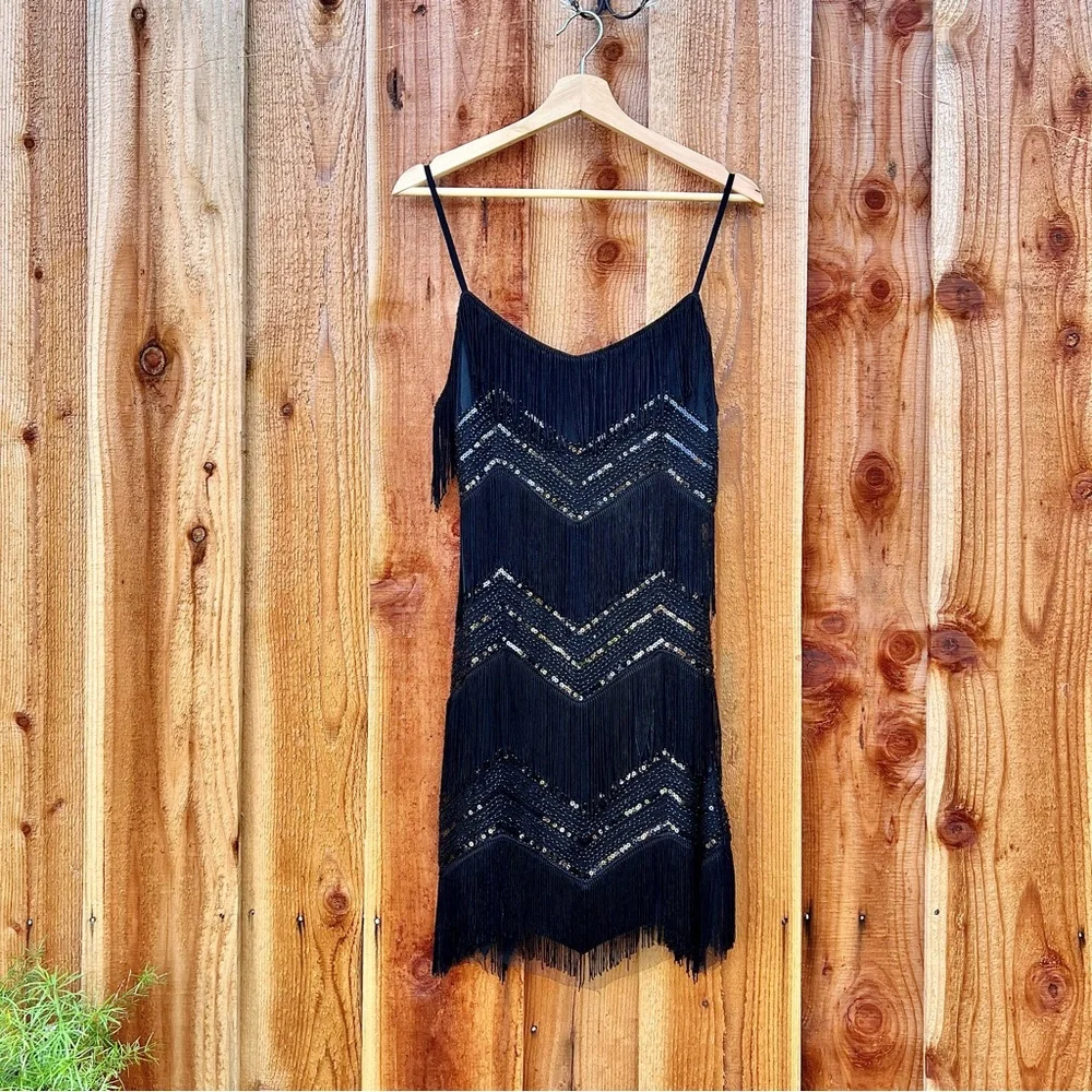 Black Sequin Fringe Flapper Mini Cocktail Dress 🌿 - Picture 6 of 10